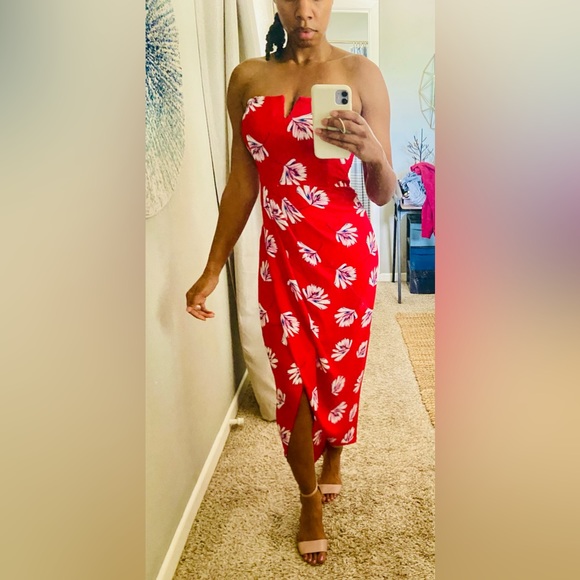 Express Faux Wrap Floral Print Strapless Midi Sexy Date Night Beach Vibes Dress - Picture 3 of 8